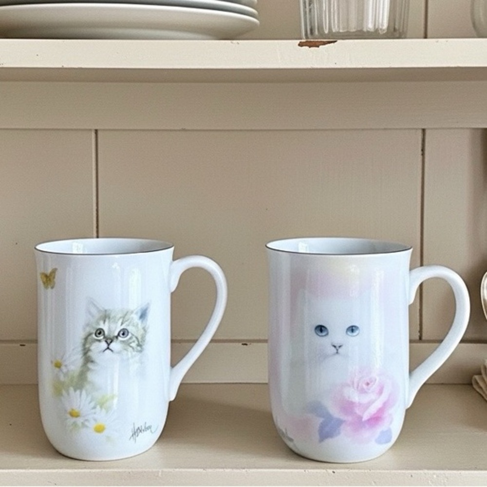 Otagiri Japan Bob Harrison Cat Mug Set Floral Kitten & Persian Cat Set of 2